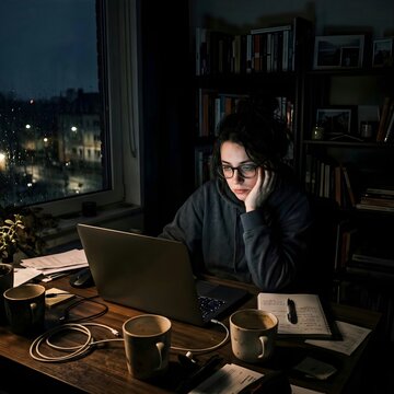 Overwhelmed Woman Working Remotely at Her Laptop at Night, Moody Atmosphere and Messy Desk