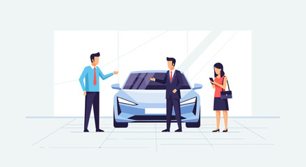 Fototapeta premium Car Dealership Scene: Salesman Shows New Electric Car to Couple