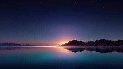 Fototapeta premium Tranquil twilight over a serene lake with mountain silhouettes and a stunning gradient sky reflecting vibrant colors at dusk