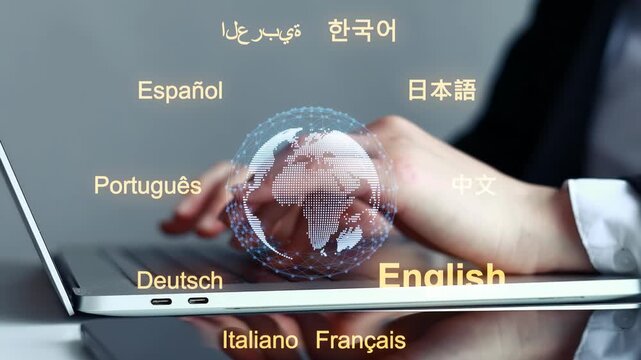 Learning languages with a laptop and a globe on the screen shows different languages for users to explore in a digital setting.