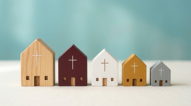 Home church community represented by small wooden church models.