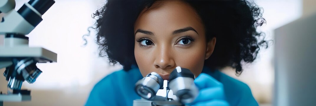 African American doctor conducting a microbiological examination using a microscope for research.