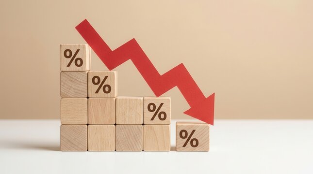 Wooden blocks with percentage symbols and a red down arrow representing a financial recession crisis.