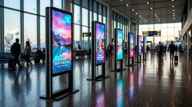 Digital signage displays in a modern airport terminal for marketing and passenger information.