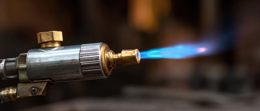 The Blowtorch Nozzle Emitting a Blue Flame in an Industrial Workshop Closeup