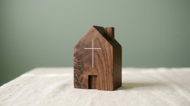 A wooden house model with a cross representing a home church community.