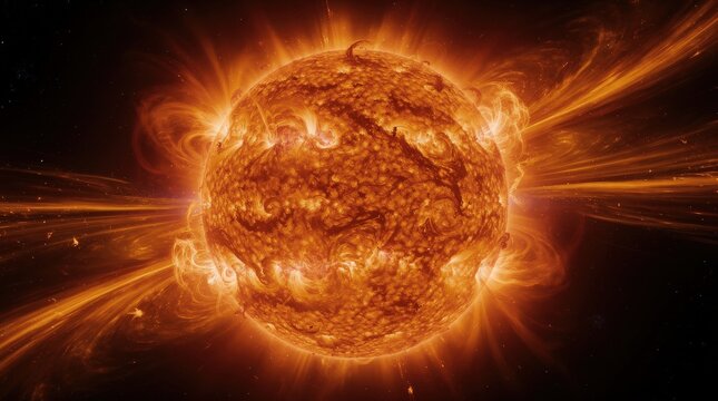 A fiery, glowing sun with solar flares and plasma eruptions radiating intense energy into space.