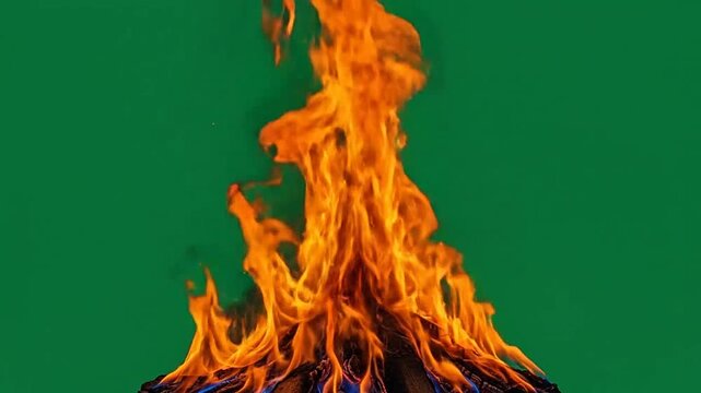 A vibrant and dynamic image of a burning fire against a solid green background