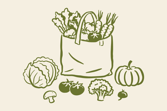 Vegetable grocery bag naive doodle vector illustration