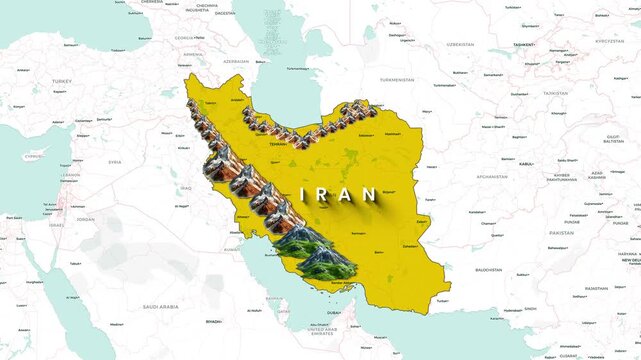 Iran map animated with mountain ranges in this digital motion footage