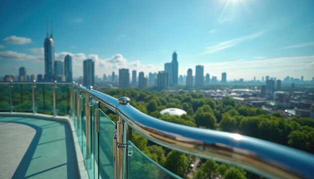 Glass railing on modern balcony overlooks cityscape with green park. Tall buildings rise against blue sky and bright sun. City view from high vantage point.