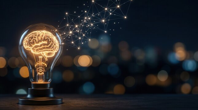 Concept of idea and innovation with a glowing light bulb containing a human brain.
