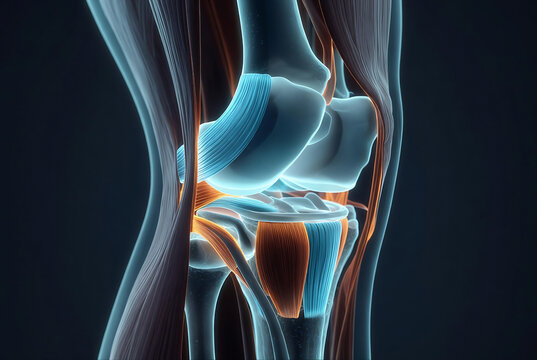 A detailed anatomical rendering of a human knee joint, highlighting its structures and indicating movement.