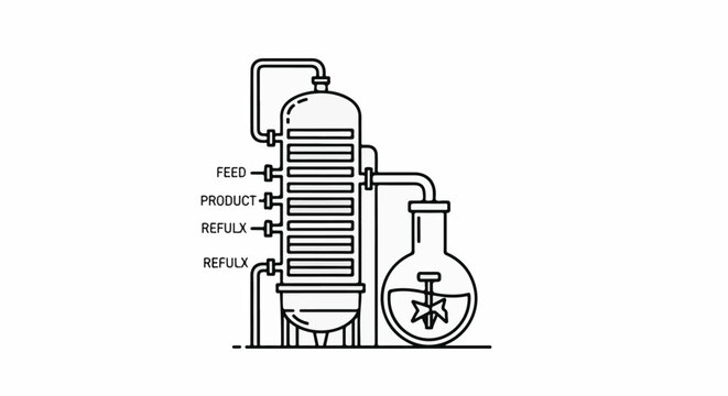 Distillation column with feedstock, product, and reflux lines