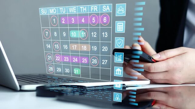 Calendar and smartphone are used to manage tasks on a work desk during a weekday in a modern office.