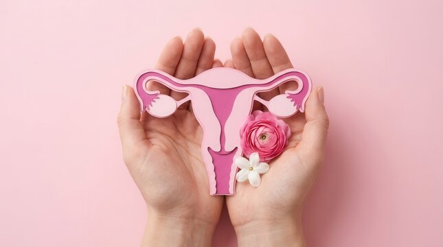 Woman holding a uterus model and pink flowers for female reproductive system health concept.