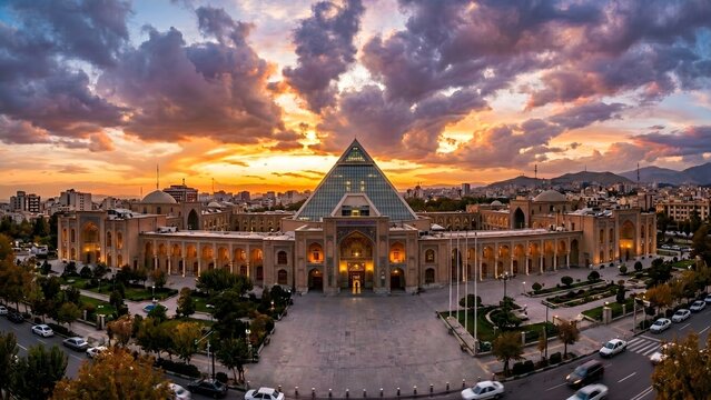 Wide Angle View of iran Parliament House During Golden Hour with Dramatic Sky and Clouds