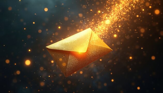 Golden envelope flies through dark space. Sparks and particles glow and shimmer around envelope. Abstract background with bokeh lights. Digital fantasy art.
