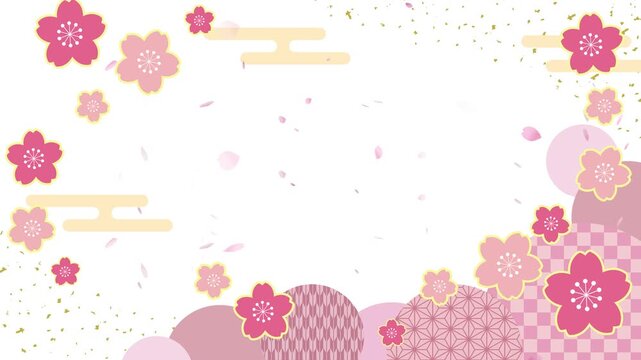 桜の花とピンクの和柄背景に舞い上がる桜吹雪の和風アニメーション動画