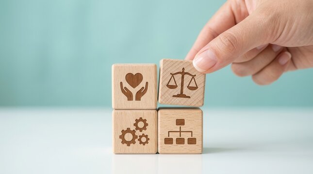 A hand holding wooden blocks with ethics icons representing business corporate regulation standards.