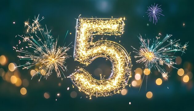 Metallic number five on elegant green background, celebrating five years with sparkling fireworks.
