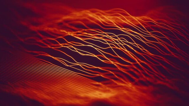 Seamless loop 3D animation of glowing red and yellow abstract threads moving in waves like digital mountains or data graphs. Selective focus on dark burgundy background. Macro shot, blurred.
