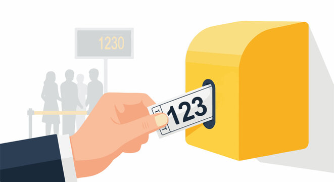Hand inserts numbered ticket into yellow machine for service
