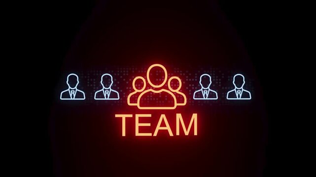 People in suits form a team with glowing figures and the word team displayed in bright colors during a digital meeting.