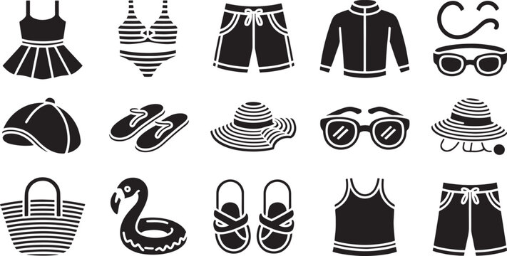 Summer icons depict a variety of beach and vacation apparel including swimsuits, shorts, hats, and a flamingo float in a bold solid black graphic style suitable for digital media projects.