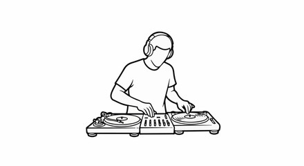 Fototapeta premium Line art of a DJ wearing headphones, mixing records on turntables