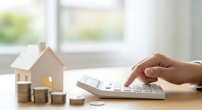 Hand using calculator near stack of coins and miniature house, real estate investment concept