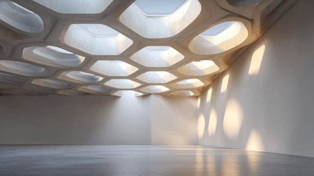 Spacious modern interior with unique ceiling design and natural light highlighting the geometric patterns and textures in a minimalist setting