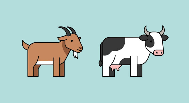 Farm animals illustrated a brown goat and a black and white cow, set against a solid blue background, depicting common livestock on a farm