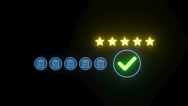 Rating system shows five stars with checkmark symbol indicating success in achieving top score with reviews.