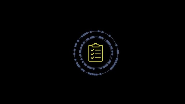 Checklist icon with circular design and glowing outline in dark background.