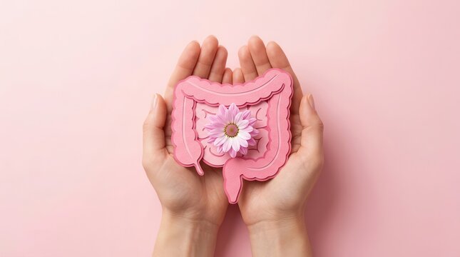 Hands holding a pink intestine shape decorated with a flower for healthy bowel digestion.