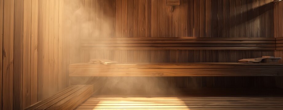 The sauna interior bathed in warm sunlight with benches and drifting steam