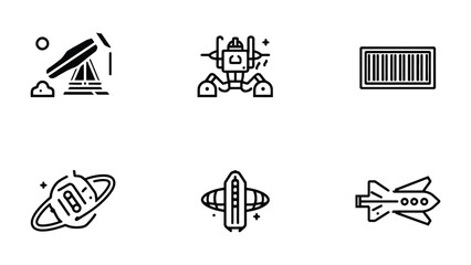 Fototapeta premium Space Icons Set: A collection of six sleek, minimalist icons, including a rocket, a spaceship, a satellite, a robot, a space station, and a cosmic event.