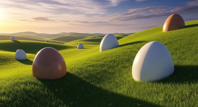 Large white and brown eggs on green grassy hill.