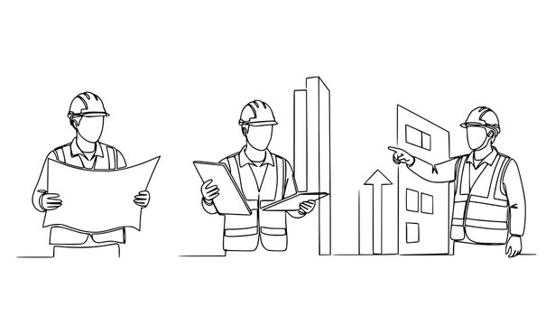 Continuous line drawing set of construction foreman managing building project architecture concept isolated on white background