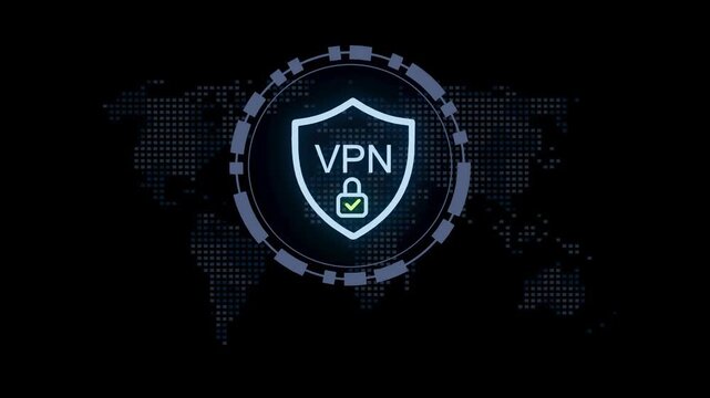 Secure internet connection shows VPN symbol with lock on world map in background.