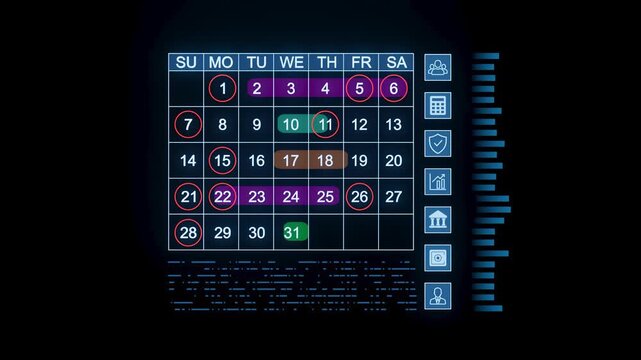A digital calendar shows dates and events for the month of July with highlighted numbers and color codes for each day of the week.