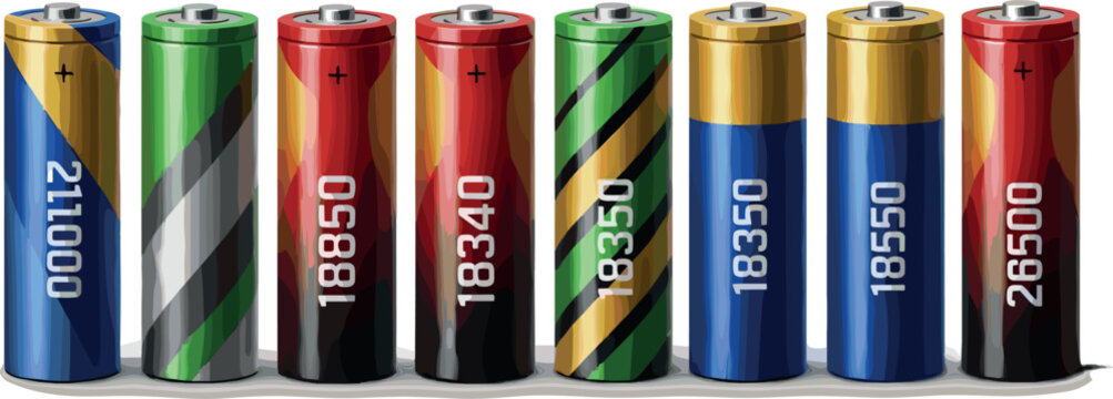Realistic Colorful Lithium Battery Cell Set with Various Sizes and Labels for Energy, Technology, and Electronics Product Designs