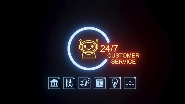Customer service icon with 24/7 support shown in bright colors against a dark background for online help and assistance.