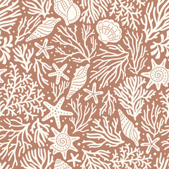 Seamless vector pattern with seashell, sea star and coral reef. Hand drawn underwater sea life design. Perfect for textile, wallpaper or nursery print. © MirabellePrint