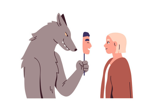 Cheater pretending in love relationship. Bad fake partner hiding, concealing with false mask, cheating. Deception in couple. Psychology concept. Flat vector illustration isolated on white background