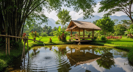 Fototapeta premium Beautiful tropical house surrounded by lush greenery, palm trees, and vibrant plants. A peaceful outdoor environment showcasing natural beauty and residential harmony