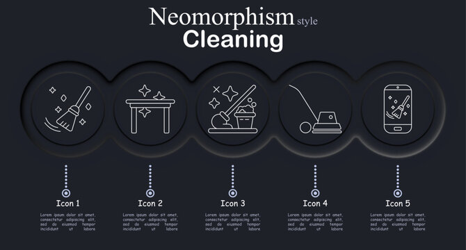 Cleaning set icon. Broom sweeping, polished table surface, bucket mop supplies, floor polishing machine, smartphone cleaning service order, housekeeping maintenance, domestic hygiene