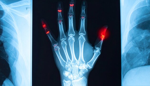 "X-ray of human hand with metacarpals highlighted in red, symbolizing injury, fracture, and medical diagnosis."