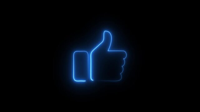 Thumbs Up Like Icon with Blue Neon Glow on Black Dark Background Representing Approval Feedback and Positive Rating Symbol in Digital Interface Design